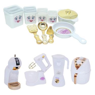 Imagem de Kit Casinha Princesa Menina Branco Air Fryer Cafeteira 13Pç