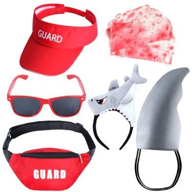 Imagem de Kyson Guard and Shark Attack Costume 6Pcs Guard Sun Visor,Fanny Pack,Sunglasses,Shark Headband,Shark Fins,Bloody Gauze Roll (Set A)
