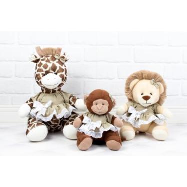 Imagem de Conjunto de bichos de pelucia Safari Girafa 22cm/Leão 18cm/Macaco 15cm- vestido com lese (CAQUI)
