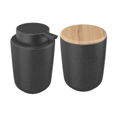 Imagem de Kit Banheiro Lavabo Cerâmica Com Tampa Bambu Osaka Yoi 2 Pçs (Preto)