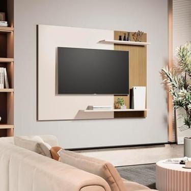 Imagem de Painel Sala Quarto TV Smart até 55 Polegadas Elena com prateleiras Cor Off white/Ripado - MJM Casa dos Moveis