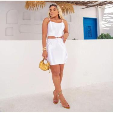 Imagem de Conjunto Branco Acetinado com Corselet e Saia Cargo - Jennifer Moda Mi