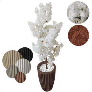 Imagem de Flor Cerejeira Branca Japonesa Arranjo Artificial com Vaso de Decoraçã