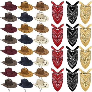 Imagem de Cindeer Conjunto de 48 peças de boné de cowboy e bandana a granel 24 chapéu de camurça de palha ocidental 24 bandanas de poliéster cachecol para fantasia de cosplay, Cor brilhante, approx. 21.25 x