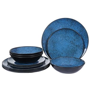 Imagem de Gofunfun Conjuntos de louça de melamina para 4, conjunto de tigelas de pratos de jantar, louça azul clássica de melamina, inquebrável, lavável na lava-louças, conjuntos de utensílios de mesa para uso
