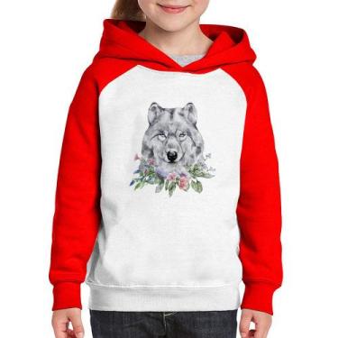 Imagem de Moletom Infantil Lobo e Flores - Foca na Moda, Branco, Vermelho, 6