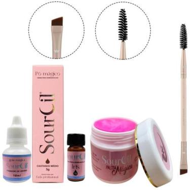 Imagem de Kit Henna Sobrancelha Sourcil Pasta Magica Gel Modelador e Pincel Rosa