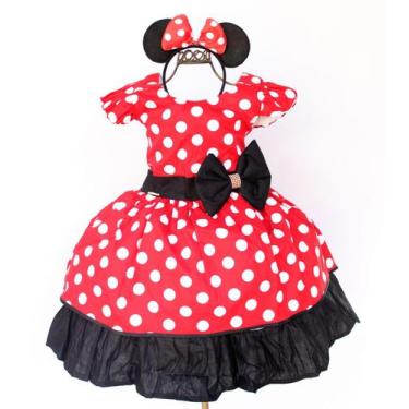 Imagem de Vestido Infantil Minnie Vermelho Festa Temático Luxo Com Tiara De Orel