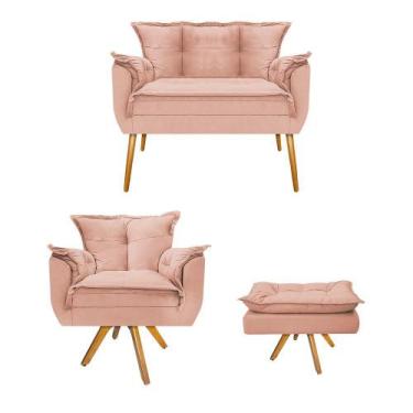 Imagem de Kit Namoradeira, Poltrona e Puff Opala Base Giratória de Madeira Suede