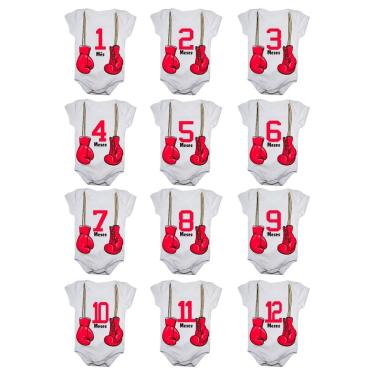 Imagem de Kit Body Bebê Mesversario Manga Curta Luvas Boxe Muay Thai 12 Bodies 1 a 12 Meses