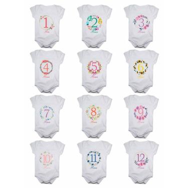 Imagem de Kit body bebê mesversario manga curta flores 12 bodies 1 a 12 meses