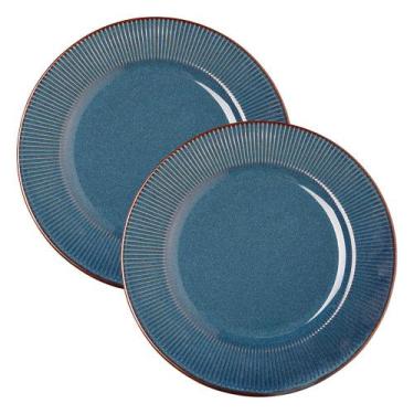 Imagem de Jogo 2 Prato Raso de Jantar Ceramica Azul Linear Rústico 27cm Lyor