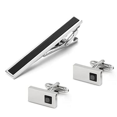 Imagem de Rockyu Conjunto de prendedor de gravata e abotoaduras para homens, elegante, zircônia preta, de grão único, abotoaduras retangulares, estilo jacaré, prendedor de gravata, presente de negócios para o