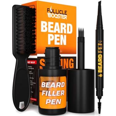 Imagem de FOLLICLE BOOSTER Kit de modelador de caneta de barba para homens - marrom claro - conjunto completo 4 em 1 com garfo patenteado de 4 pontas, caneta de dentes duplos, caneta normal e escova de pentear