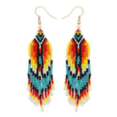 Imagem de SHINUS BOHO Brincos pendentes de borla Zulu para mulheres, contas longas boêmias feitas à mão com franja, brincos de baile, joias modernas., Vidro, Sem pedra preciosa