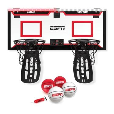 Imagem de ESPN Mini cesta de basquete, cesta de basquete sobre a porta com 2 aros dobráveis e retorno de bola para dois jogadores, inclui 4 mini bolas de basquete e bomba