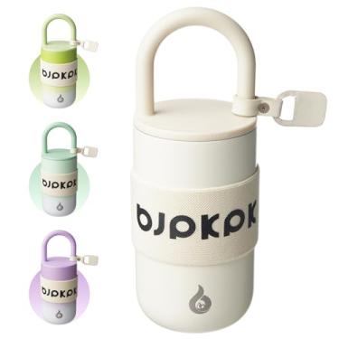 Imagem de BJPKPK Copo térmico de 368 g com tampa e alça de aço inoxidável para viagem caneca de café copos térmicos, bege
