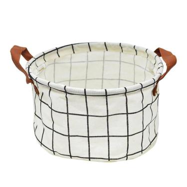 Imagem de Cesto Organizador Redondo De Tecido Estampado Alça De Couro