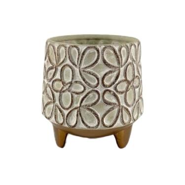 Imagem de LICONG-2020 Vaso de flores redondo com pé curto, vaso de plantas com padrão floral, vaso de cerâmica com orifício de drenagem, para decorar sala de estar, quarto, estudo, tigelas de flores