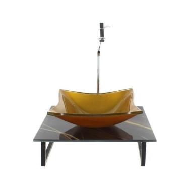 Imagem de Kit Cuba Vidro Quadrada 10Mm Tampo Vidro 40Cm X 40Cm Mármore - Cubas E