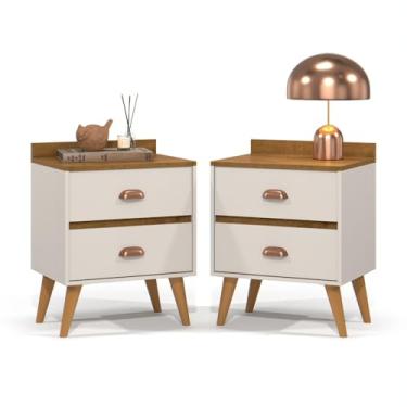 Imagem de Kit 2 Mesa de Cabeceira Quarto Mesinha Apoio Lateral Cama Box Casal Estilo Decoração Retrô Madero 2 Gavetas Offwhite/Freijó