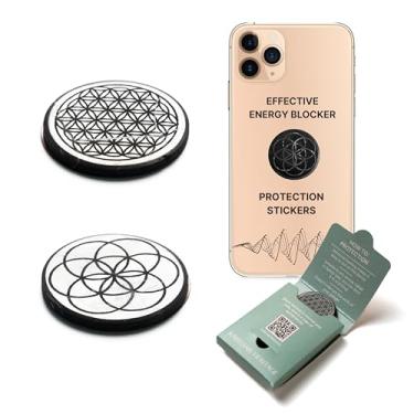 Imagem de Karelian Heritage Bloqueador de adesivos Shungite de proteção para celular, 2 peças, flor da vida e semente da vida gravada | adesivos redondos para bloqueio de más vibrações | placas de pedra
