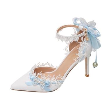 Imagem de STARSHINE RESPLENDENT Sapatos stiletto bico fino renda branca laço azul franja doce sapatos de noiva Lolita tira de pulso sandálias salto médio sapatos de salto baixo, Salto branco de 9 cm, 36