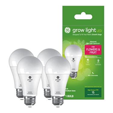 Imagem de Lâmpada de LED GE Grow para flores e frutas, espectro avançado de luz vermelha, base média, formato de lâmpada A19 (pacote com 4)