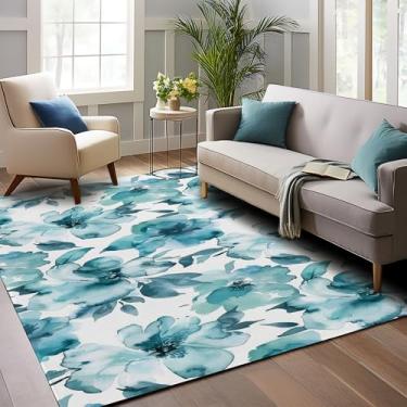 Imagem de Tapete de flores aquarela azul-petróleo para sala de estar – Tapete de área lavável antiderrapante para quarto, tapete de berçário infantil fofo, macio para entrada, escritório, sala de jantar