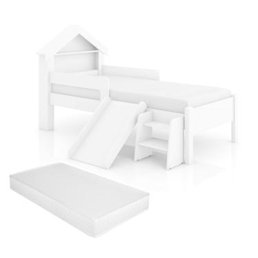 Imagem de Cama Casinha Infantil Berço Moderno Com Prateleiras Meninas Quarto Da Criança Princesa Com Grade Lateral De Proteção Com Escorregador E Escada Com Colchão