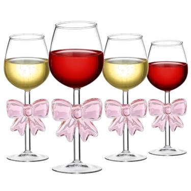 Imagem de Singhoow 4 peças de taças de vinho laço rosa cristal soprado à mão cristais de coquete taças de vinho adequadas para despedida de solteira, casamentos, festas de aniversário