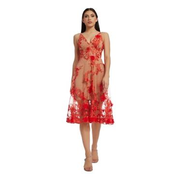 Imagem de Dress the Population Vestido feminino Audrey Midi profundo, Nude papoula, PPP, Papoula / Nude