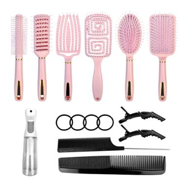 Imagem de Conjunto de 11 escovas de cabelo, escova redonda e escova de cabelo de remo, ótima para cabelos longos e espessos, escova de desembaraçar e frasco de spray para cabelos cacheados ondulados rosa