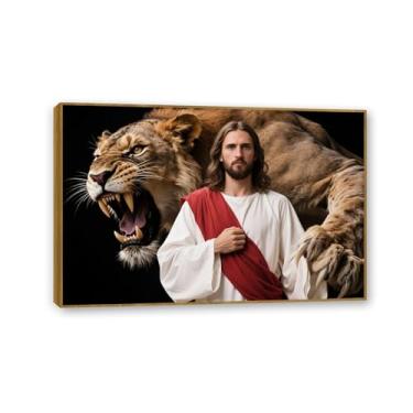 Imagem de Arte de parede em tela de Jesus e Cordeiro, Leão de Judá Jesus, pintura em tela de Jesus Cristão, Rei Leão, impressão de pôster, pintura religiosa, arte de igreja, decoração de parede, imagens 45 x 30