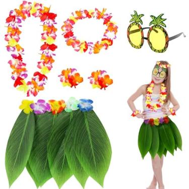 Imagem de Saia de grama para meninas para festa de Luau, saia havaiana de hula com flores Leis para decoração de praia e festa de luau no Havaí verde, Verde, 8-16 Years