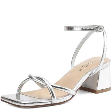 Imagem de TEAIEUI Sandálias femininas de salto com tiras para mulheres, elegante, bico quadrado, confortável, salto grosso, sapato social para formatura, festa de casamento, Ac-prata, 38