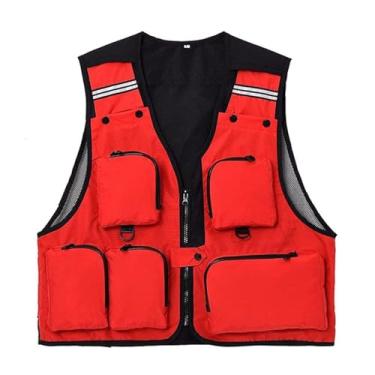 Imagem de Colete De Pesca Tático Sem Mangas Com Zíper E Vários Bolsos De Malha Respirável Masculino, Colete Versátil Para Fotografia Ao Ar Livre Viagem Caminhada Jaqueta, Para Muitas Necessidades(Red,3X-Large)