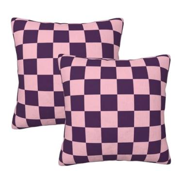 Imagem de Fiokroo Conjunto de 2 capas de almofada xadrez roxo e rosa com 2 fronhas quadradas para sofá, quarto, sala de estar, carro, 45 x 45 cm