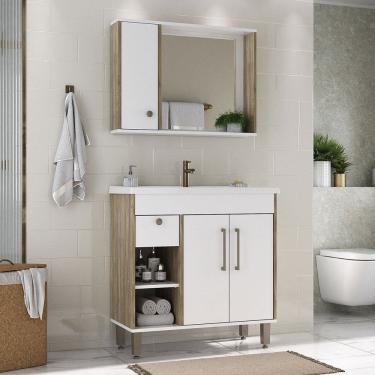 Imagem de Armário de Banheiro Patina 3 Portas 1 Gaveta com Cuba Branco/Carvalho Cartagena - Ozini Móveis