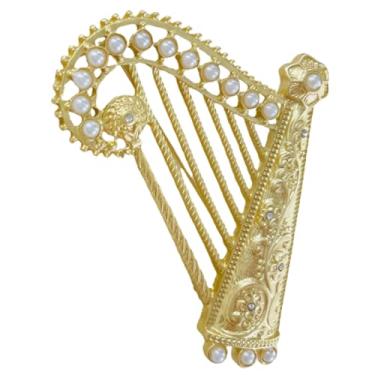 Imagem de TOPPERFUN Broche de harpa, broche de harpa tridimensional de 6,3 cm com pérolas e strass, pinos de instrumento musical oco de liga, alfinetes de lapela de cachecol de chapéu, broche decorativo de