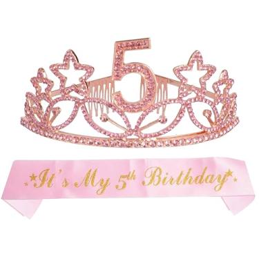 Imagem de Presentes de aniversário de 5 anos para meninas, tiara de aniversário de 5 anos e rosa faixa, artigos de festa de aniversário de 5 anos felizes, faixa de cetim com glitter fabulosa e 5 anos coroa de aniversário para festa de 5 anos