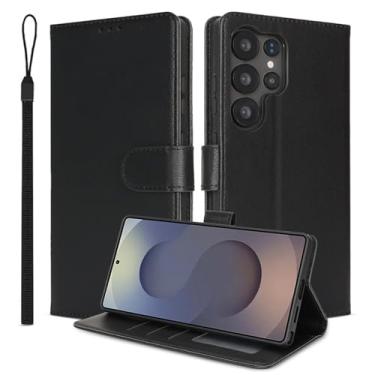 Imagem de HAO RIYLN Capa flip para Samsung Galaxy S25 Ultra/S25 Plus/S25, capa carteira de couro fecho magnético Folio Stand Capa de proteção RFID, preta, S25plus