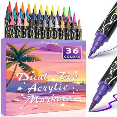 Imagem de Marcadores de tinta acrílica de 36 cores, canetas de tinta acrílica de ponta dupla com ponta fina premium e ponta de pincel para pedra, madeira, papel, tela, tecido, vidro, pintura rupestre