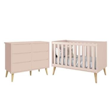 Imagem de Jogo de Quarto Infantil Theo Cômoda 6 Gavetas e Berço Rosa Fosco com P