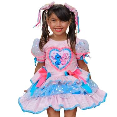 Imagem de Vestido Infantil Junino Stitch Rosa e Azul Festa de São João