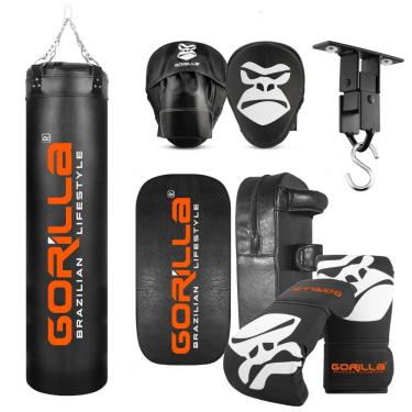 Imagem de Kit Saco De Pancada PRO 180 + Luva PRO + Manopla De Foco + Aparador + Suporte Articulado Gorilla (Preto)