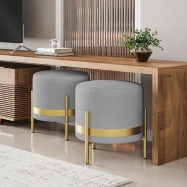 Imagem de KIT 2 Puff Banco Redondo STEEL Tecido Bouclé Cor Cinza Base Metal Dourada