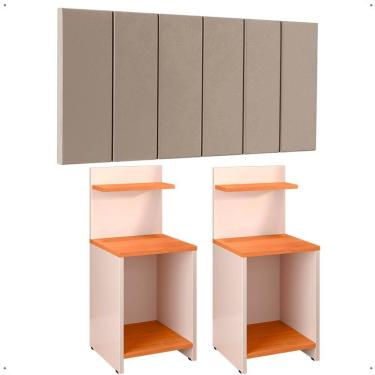 Imagem de Jogo Quarto 2 Mesas Cabeceira Fantasy Off White/Cinamomo Prateleira Nicho Decorativo Painel Suspenso Júlia Cama Box Casal 1,40 Bege Suede - Lojas RPM