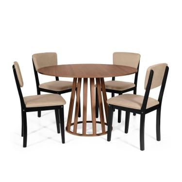 Imagem de Mesa De Jantar Redonda Gabi Noronha Com 4 Cadeiras Estofadas Ella Preto/bege