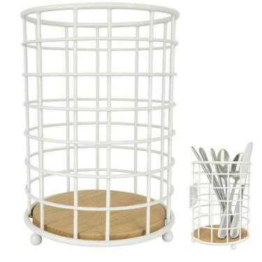 Imagem de Porta Talher redondo Escorredor Aramado metal Branco Madeira - Marca